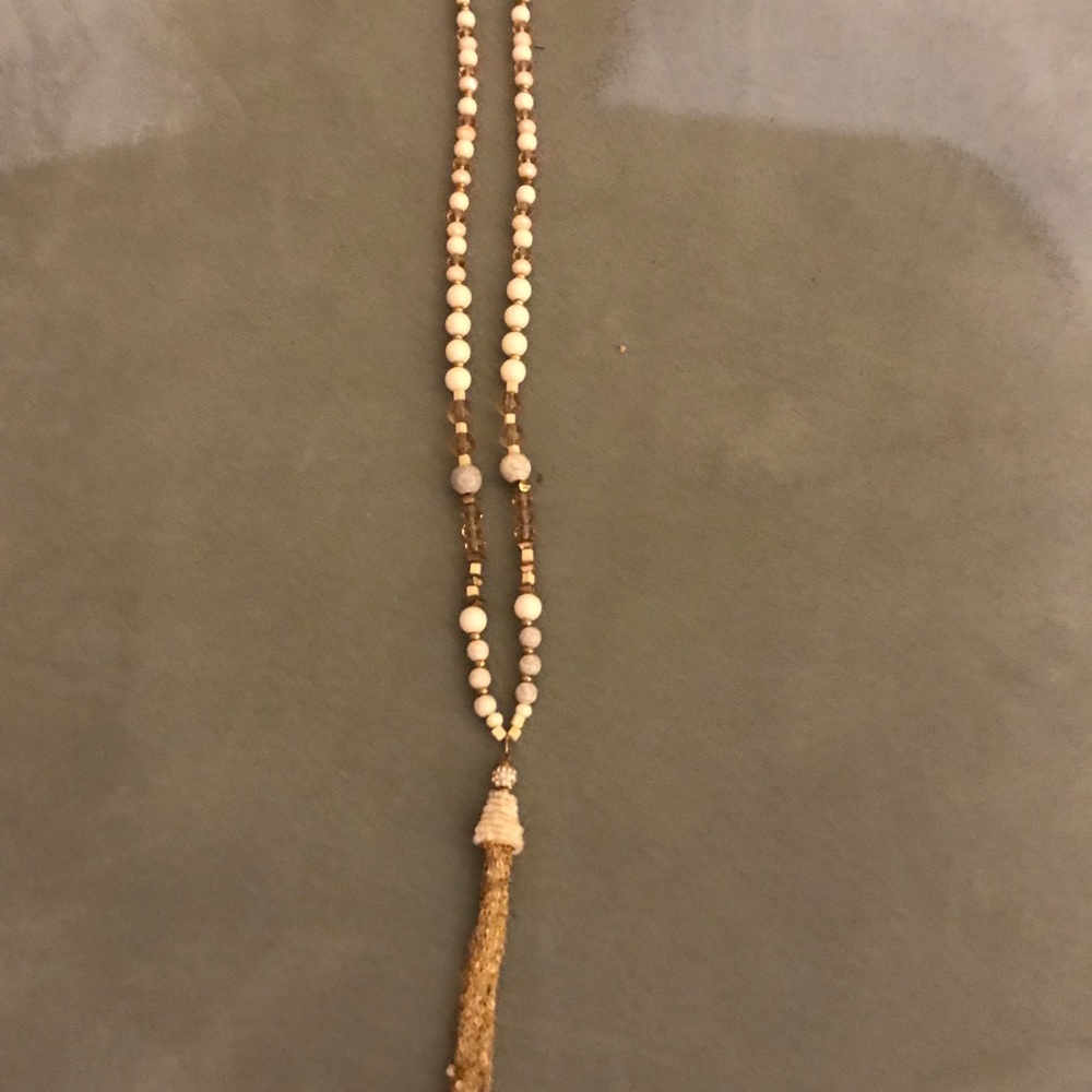 Cream tassel beaded long necklace